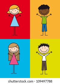 cute kids drawing over colorful squares. vector illustration
