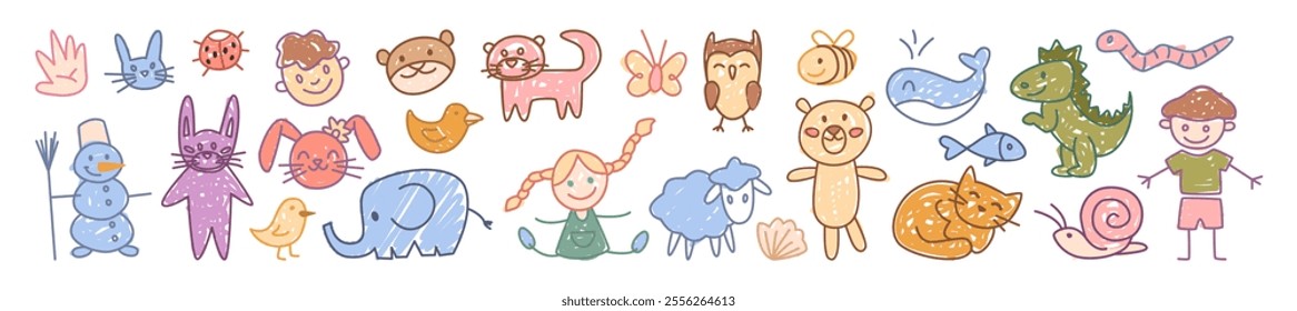 Cute kids drawn elements. Vector isolated animals and people characters. Snowman and bunnies, girl and boy, elephant and sheep, cats and fish, owl and bear, earthworm and snail, bee and butterfly