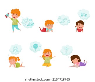 Cute kids dreaming with speech bubbles over their heads set cartoon vector illustration