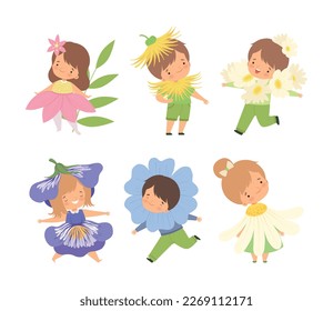 Cute kids dressed flowers costumes set. Little boys and girls in festive clothes Vector Illustration cartoon vector illustration