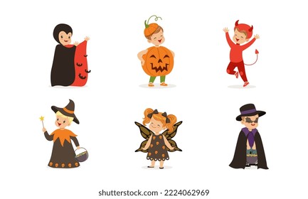 Cute Kids Dressed in Halloween Costume and Outfit Engaged in Spooky Holiday Masquerade Vector Set