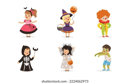 Cute Kids Dressed in Halloween Costume and Outfit Engaged in Spooky Holiday Masquerade Vector Set