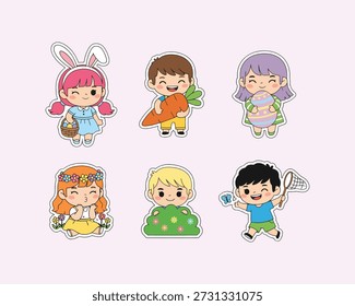 Cute Kids Easter Activities Conjunto de adesivo primavera Kawaii vetor