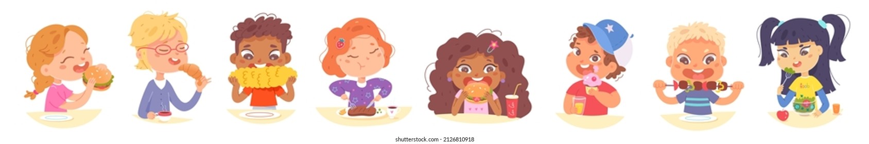 Cute kids eat food set vector illustration. Cartoon hungry boy and girl eating dinner, breakfast or lunch meal, happy child with vegetable salad, cake, hamburger, croissant, corn isolated on white