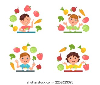 Cute kids eat salad. Children with plates, healthy natural foods, vegetables and fruits, little boys and girls at tables. Dairy vegetarian meal splendid vector cartoon