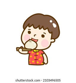 Cute kids eat steamed buns in Chinese new year.