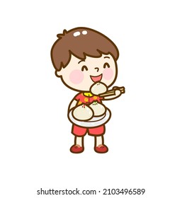 Cute kids eat steamed buns in Chinese new year.
