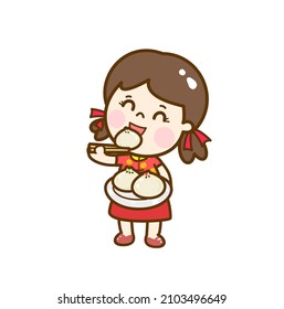 Cute kids eat steamed buns in Chinese new year.