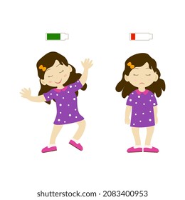 Cute kids eating, activity, full and low battery, vector illustration
