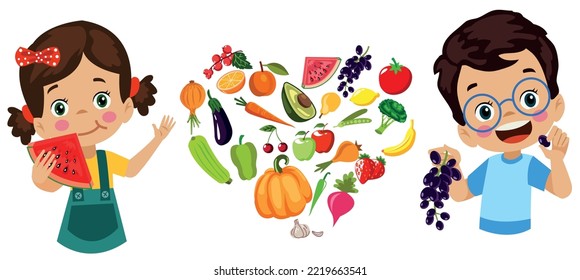 cute kids eating assorted fruits