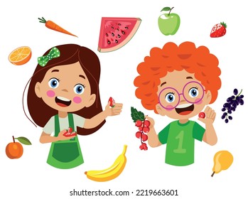 cute kids eating assorted fruits