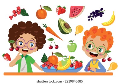 cute kids eating assorted fruits