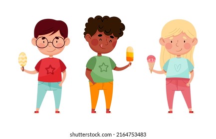 Cute kids eating ice cream. Happy boys and girl feeling happy with their ice cream cartoon vector illustration