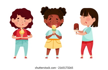 Cute kids eating ice cream. Happy little girls feeling happy with their popsicle cartoon vector illustration