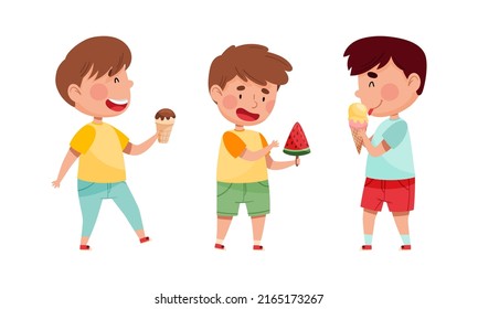 Cute kids eating ice cream. Happy little boys feeling happy with their ice cream cartoon vector illustration