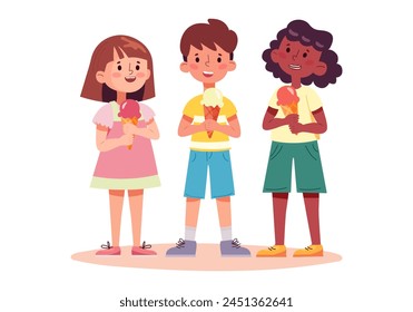 Cute kids eating with ice cream in their hands. Summer set vector illustration. Adorable girls and boy fruit ice cream to refresh themselves in hot summer, isolated on white background