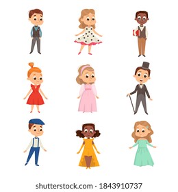 Cute Kids in Elegant Clothes Set, Cute Boys and Girls Wearing Retro Clothes Cartoon Style Vector Illustration