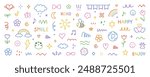 Cute kids elements, preschool kindergarten doodle icons set. Daycare, children drawings, flower, rainbow, cloud, sun, heart in sketch style. Hand drawn vector illustration isolated on white background