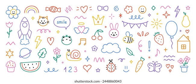 Cute kids elements, preschool kindergarten doodle icons set. Daycare, children drawings, flower, rainbow, cloud, sun, heart in sketch style. Hand drawn vector illustration isolated on white background