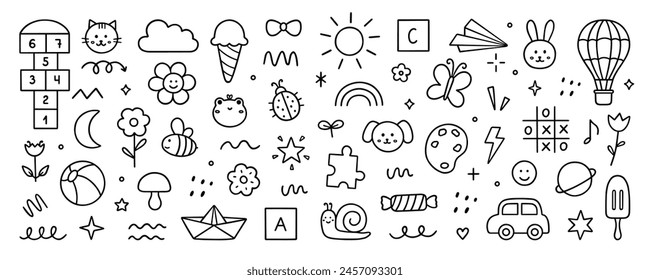 Cute kids elements, preschool kindergarten doodle icons set. Daycare, children drawings, flower, rainbow, cloud, sun, heart in sketch style. Hand drawn vector illustration isolated on white background