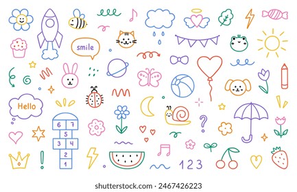 Cute kids elements, preschool kindergarten doodle icons set. Daycare, children drawings, flower, rainbow, cloud, sun, heart in sketch style. Hand drawn vector illustration isolated on white background