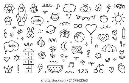 Cute kids elements, preschool kindergarten doodle icons set. Daycare, children drawings, flower, rainbow, cloud, sun, heart in sketch style. Hand drawn vector illustration isolated on white background