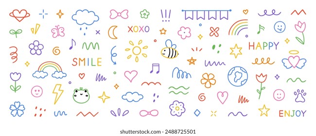 Cute kids elements, preschool kindergarten doodle icons set. Daycare, children drawings, flower, rainbow, cloud, sun, heart in sketch style. Hand drawn vector illustration isolated on white background