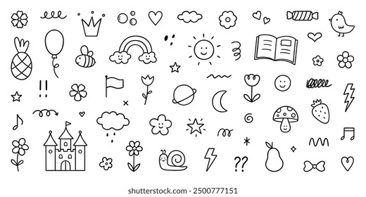 Cute kids elements, preschool kindergarten doodle icons set. Daycare, children drawings, flower, rainbow, cloud, sun, heart in sketch style. Hand drawn vector illustration isolated on white background