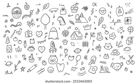 Cute kids elements, preschool kindergarten doodle icons set. Daycare, children drawings, flower, rainbow, cloud, sun, heart in sketch style. Hand drawn vector illustration isolated on white background