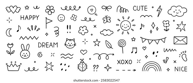 Cute kids elements, preschool kindergarten doodle icons set. Daycare, children drawings, flower, rainbow, cloud, sun, heart in sketch style. Hand drawn vector illustration isolated on white background