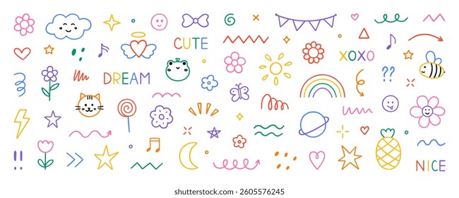 Cute kids elements, preschool kindergarten doodle icons set. Daycare, children drawings, flower, rainbow, cloud, sun, heart in sketch style. Hand drawn vector illustration isolated on white background