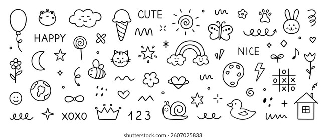 Cute kids elements, preschool kindergarten doodle icons set. Daycare, children drawings, flower, rainbow, cloud, sun, heart in sketch style. Hand drawn vector illustration isolated on white background