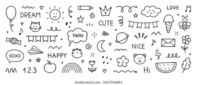 Cute kids elements, preschool kindergarten doodle icons set. Daycare, children drawings, flower, rainbow, cloud, sun, heart in sketch style. Hand drawn vector illustration isolated on white background