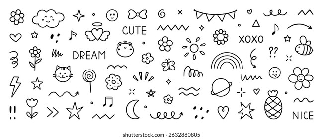 Cute kids elements, preschool kindergarten doodle icons set. Daycare, children drawings, flower, rainbow, cloud, sun, heart in sketch style. Hand drawn vector illustration isolated on white background