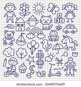 Cute kids elements, preschool kindergarten doodle icons set. Hand drawn vector illustration isolated on white background