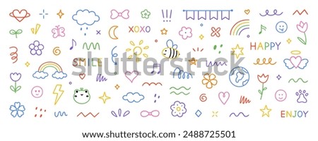 Cute kids elements, preschool kindergarten doodle icons set. Daycare, children drawings, flower, rainbow, cloud, sun, heart in sketch style. Hand drawn vector illustration isolated on white background