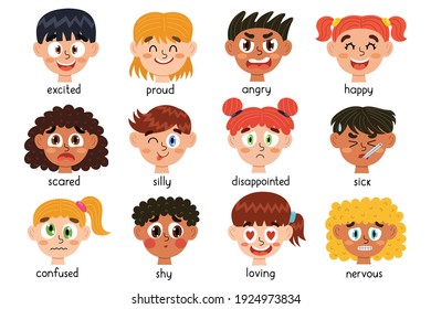 Cute kids emotions collection. Child different emotional expressions bundle. Learning feeling poster for school and preschool. Faces of boys and girls. Vector illustration - Shutterstock ID 1924973834