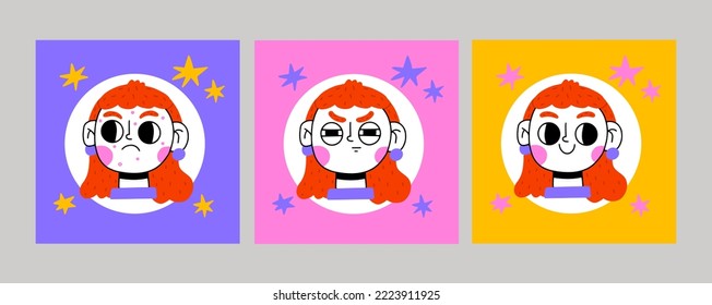 Colección de emociones para niños. Conjunto de expresiones emocionales diferentes para niños. Afiche para aprender sentimientos para la escuela y el preescolar. Caras de chicas. Ilustración vectorial. Se establecen diferentes emociones femeninas.