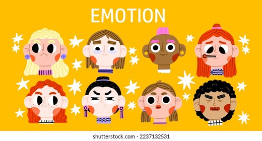 Colección de emociones para niños. Conjunto de expresiones emocionales diferentes para niños. Afiche para aprender sentimientos para la escuela y el preescolar. Caras de chicas. Ilustración vectorial. Se establecen diferentes emociones femeninas.