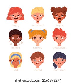 Cute kids emotions collection. Children express different feelings. Boys and girls happy, surprised, angry, scared or calm, confused and in love. Cartoon flat vector set isolated on white background