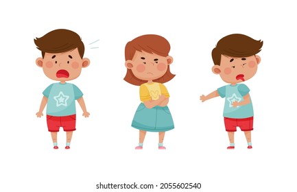 Cute kids emotions set. Boys and girl with disgusted, scared, sceptic face expressions cartoon vector illustration