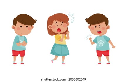 Cute kids emotions set. Children with different face expressions. Offended, scared, angry boys and girl cartoon vector illustration