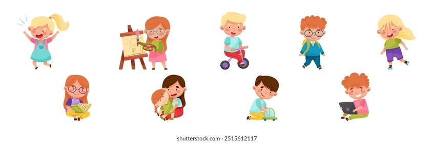 Cute Kids Engaged in Recreation Activity Have Fun Vector Set