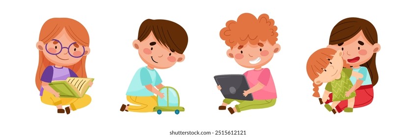 Cute Kids Engaged in Recreation Activity Have Fun Vector Set