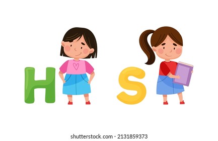 Cute kids with English alphabet letters. Little girls and H,S letters cartoon vector illustration