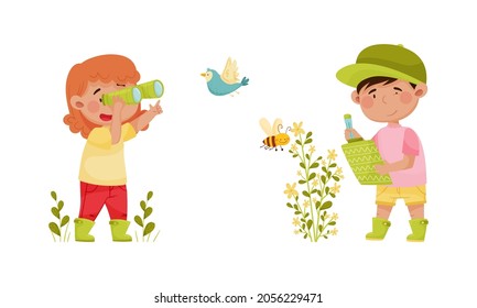 Cute kids exploring birds and insects in forest or park set. Nature lovers looking through binoculars and reading book about animals cartoon vector illustration