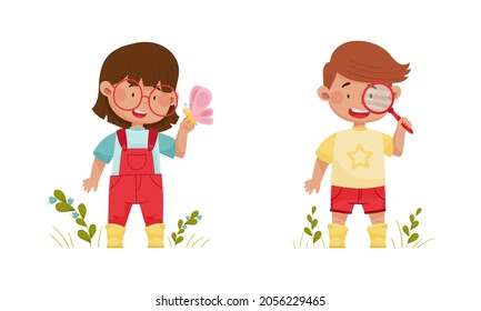 Cute kids exploring insects in forest or park set cartoon vector illustration
