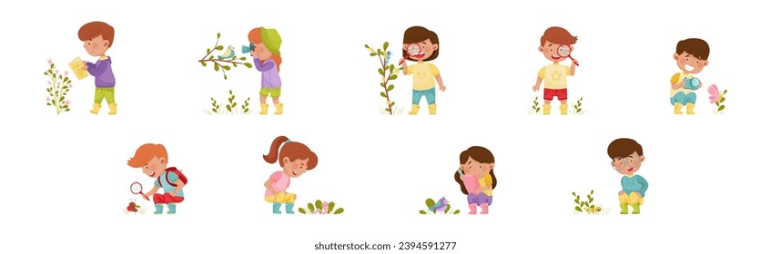 Cute Kids Exploring Nature with Flora and Fauna Vector Set