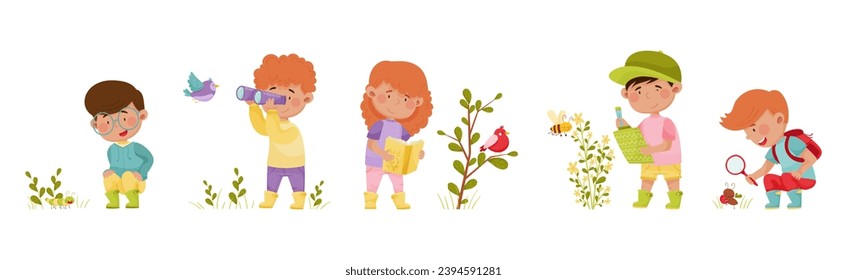 Cute Kids Exploring Nature with Flora and Fauna Vector Set