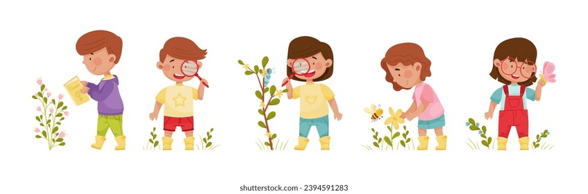 Cute Kids Exploring Nature with Flora and Fauna Vector Set